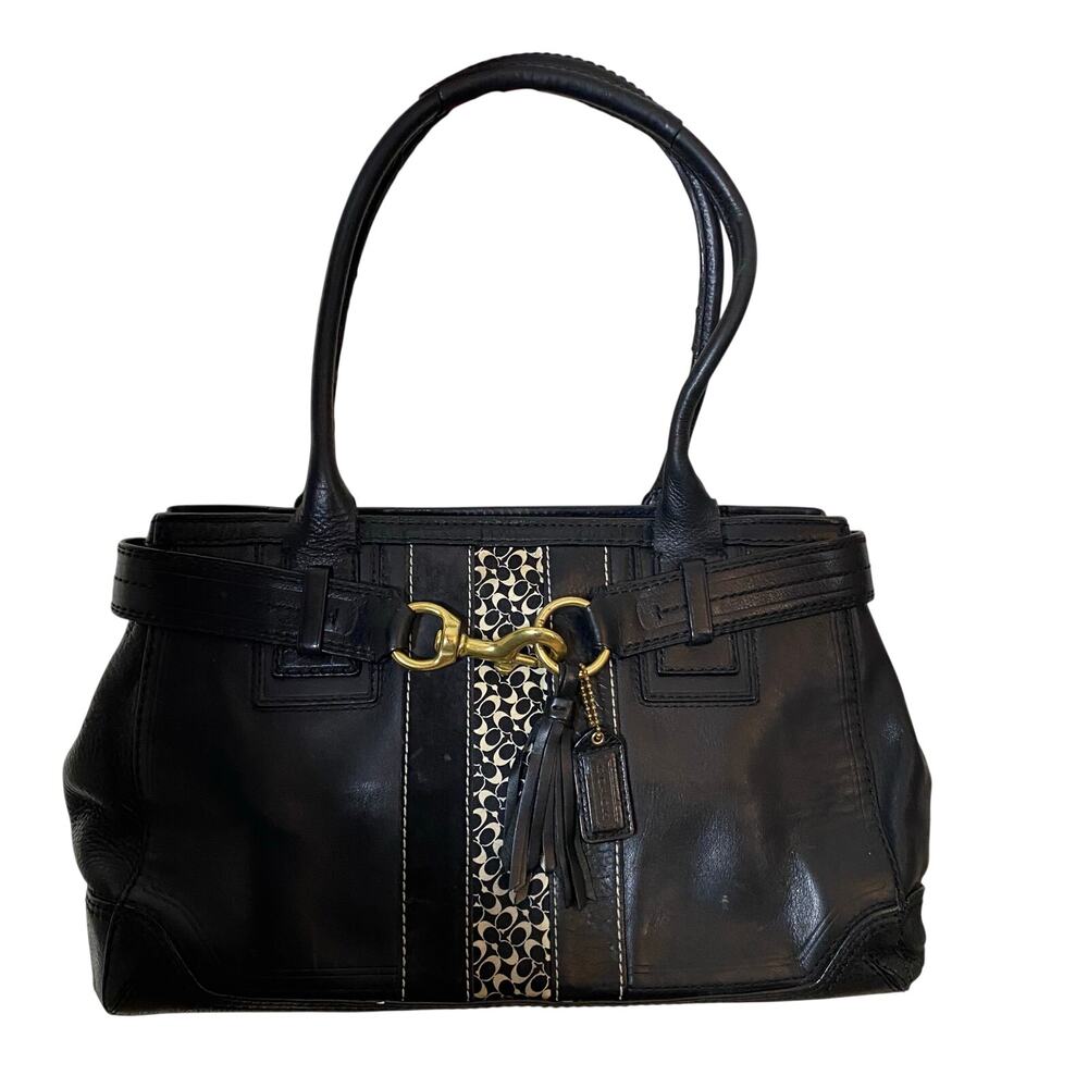 COACH 2006 10552 Hampton Stripe Leather Satchel Black Gold Hardware Logo Y2K